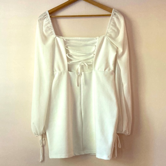 Lulu’s Delightful Love White Lace-Up Balloon Sleeve Mini Dress Size Large - Picture 5 of 6